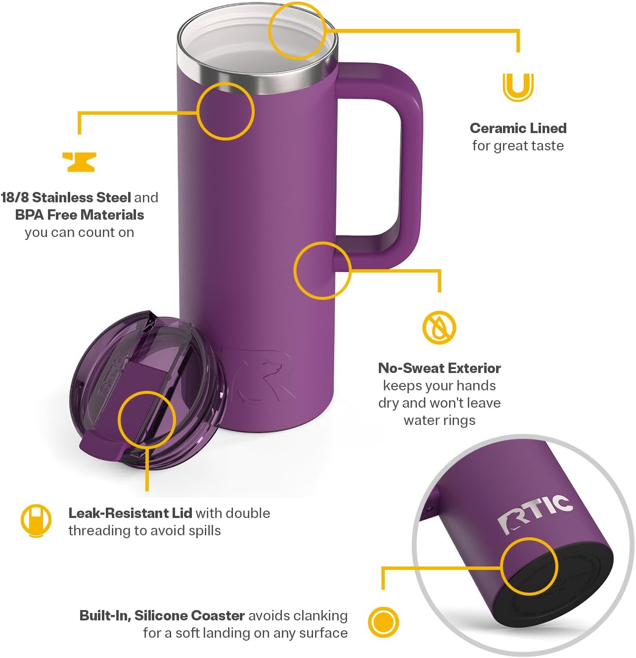 RTIC 20oz Road Trip Travel Mug with Lid and Handle, Ceramic Lined, Insulated, Stainless Steel, Metal, Double Wall Vacuum-Insulation, Portable Coffee, Tea Cup for Hot and Cold Drink, Black