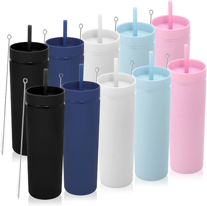 Volhoply 20oz Plastic Skinny Tumbler,Double Wall Tumblers with Lid and Straw,Reusable Travel Iced Coffee Mug,BPA Free Matte Acrylic Water Cups With Straw for Parties,DIY Gifts(Clear,1 Set)