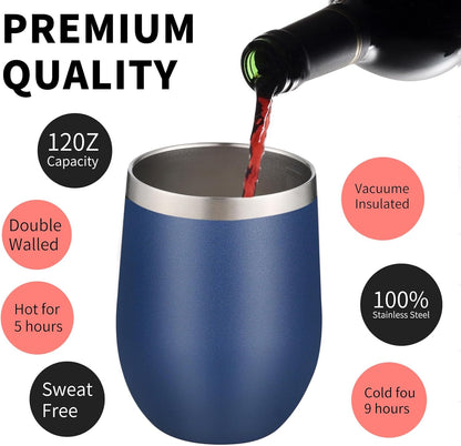 12oz/4 Pack Wine Tumbler Glasses with Lid Stemless Double Wall Vacuum Stainless Steel Travel Tumbler Keeping Cold & Hot for Wine,Coffee,Cocktails,Drinks-Family and Gifts (Multi color-dark)