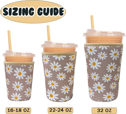 Reusable Insulated Neoprene Iced Coffee Cup Sleeve, Durable Drink Sleeve for Cold Beverages, Beverage Holder for Iced Coffee, Floral Checkers