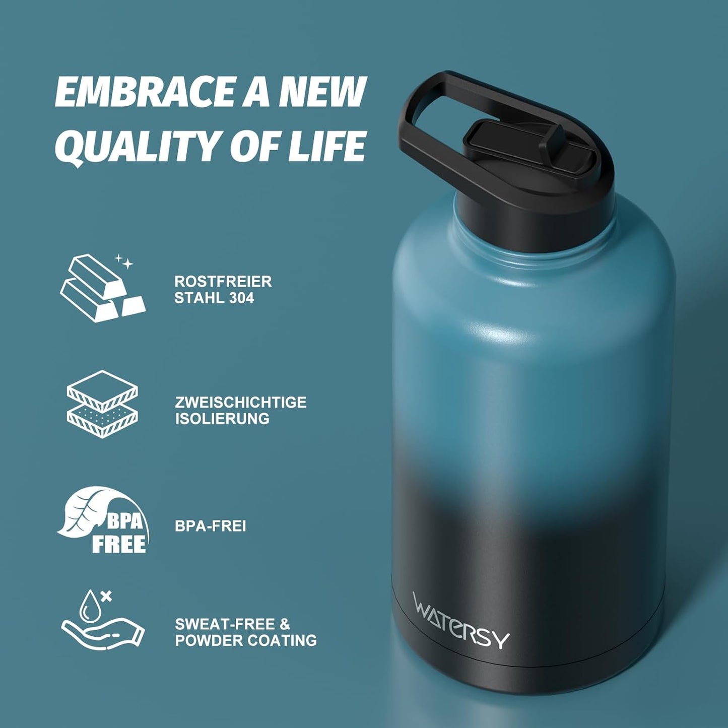 40oz Insulated Water Bottle (Cold for 48 Hrs),BPA Free&Leak Proof,Stainless Steel Water Flask,Water Jug with Straw Spout Lids for Gym,Hiking,Travel,Black Blue