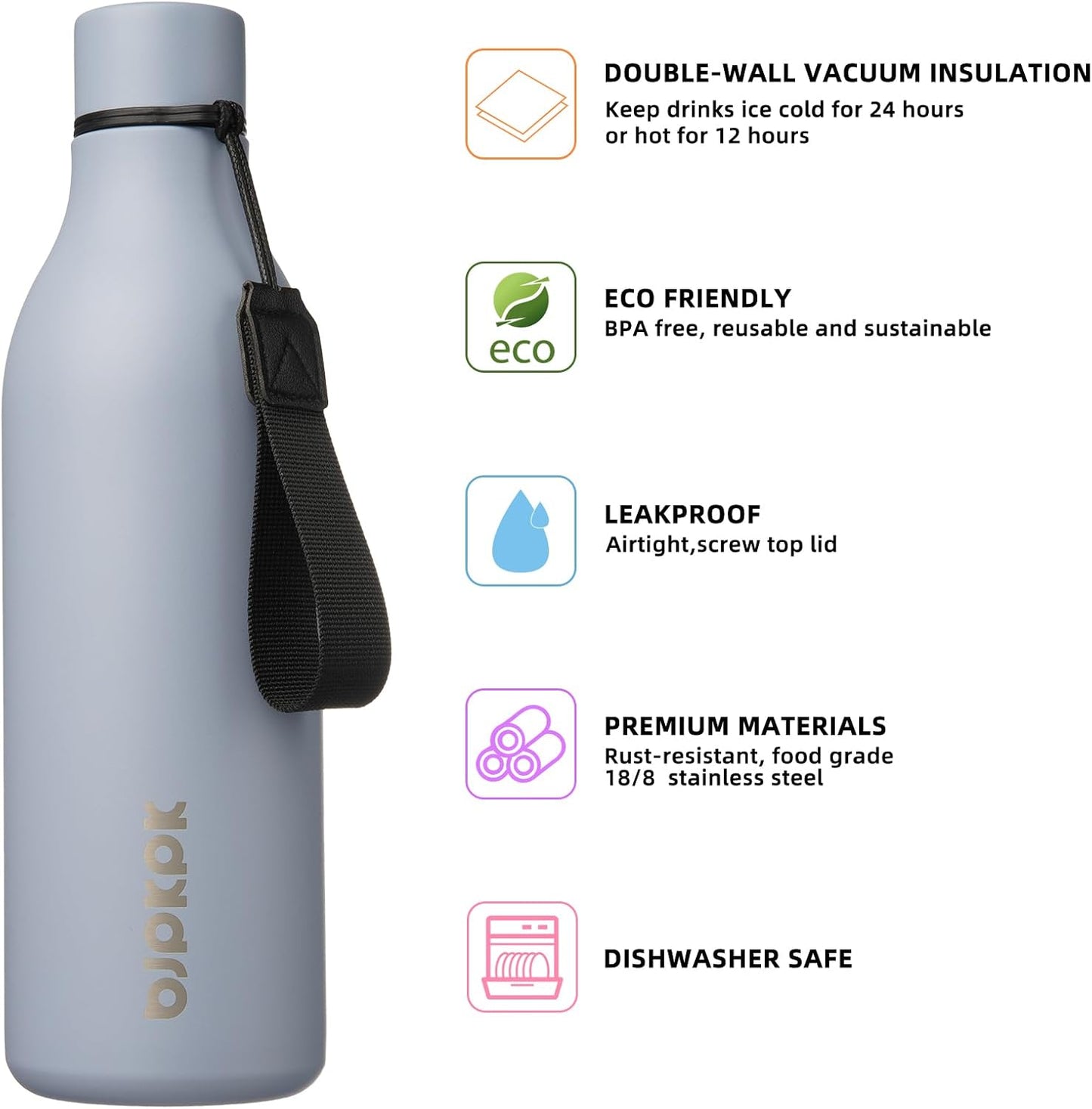 BJPKPK Insulated Water Bottles, 18 oz Stainless Steel Metal Water Bottle with Strap, BPA Free Leak Proof Jugs, Mugs, Flasks, Reusable Thermal Flasks for Sports & Travel, Black - Colors B