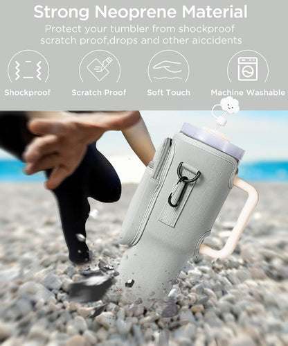 dabria Water Bottle Carrier Bag with Phone Pocket for Stanley 40/30 oz Tumbler Neoprene Water Bottle Holder Pouch with Adjustable Strap Bollus with Straw Cover for Stanley Cup Accessories