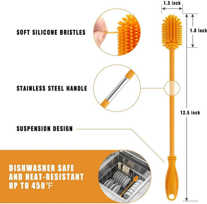 Silicone Bottle Cleaning Brush with Long Handle, 12.5" Water Bottle Cleaner for Baby Bottles, Hydro Flask, Sports Bottle, Vase, Glassware, Perfect for Smaller Diameter Bottle Openings (One Pack)