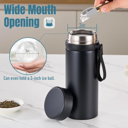 KYZ Insulated Water Bottle with Tea Infuser, 37 oz Wide Mouth Stainless Steel Tumbler, Leak-Proof Travel Water Bottle for Hot & Cold Drinks, Includes Carry Strap for Commuting, Office & Outdoor