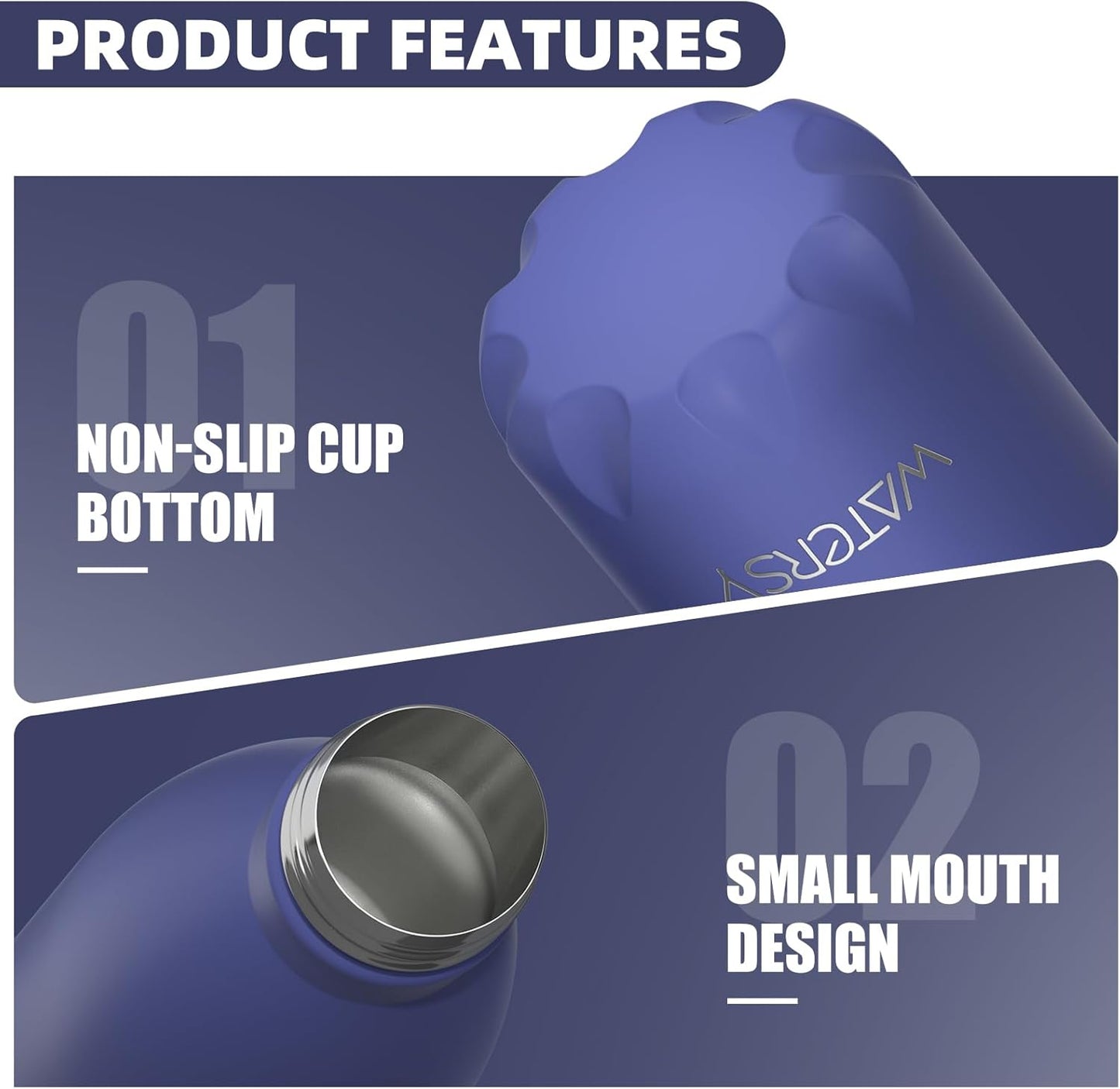 WATERSY Stainless Steel water bottles,17oz/500ml Insulated Water Bottles,Deep Blue metal water bottle Keeps Drink Cold and Hot,BPA Free kids water bottles for School,Gym,Travel,Sports