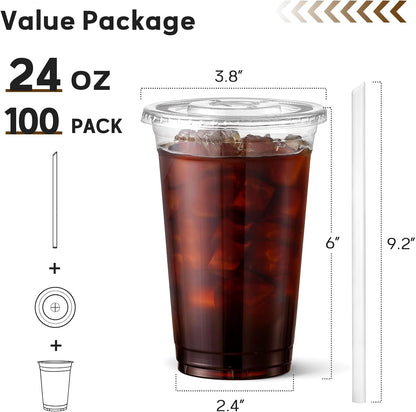 AOZITA 100 Pack - 16 oz Clear Plastic Cups with Lids and Straws, Food Safe Disposable Iced Coffee Cups for Cold Beverages, Smoothies, Iced Coffee, Leak-Proof, BPA-Free