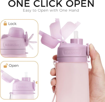 TakeToday Collapsible Water Bottles 21oz (600mL), Foldable Platinum Silicone Travel Water Bottle with Straw & Carry Strap, Leak-Resistant Screw Lid, Wide Mouth, BPA-Free for Hiking, Camping, Travel