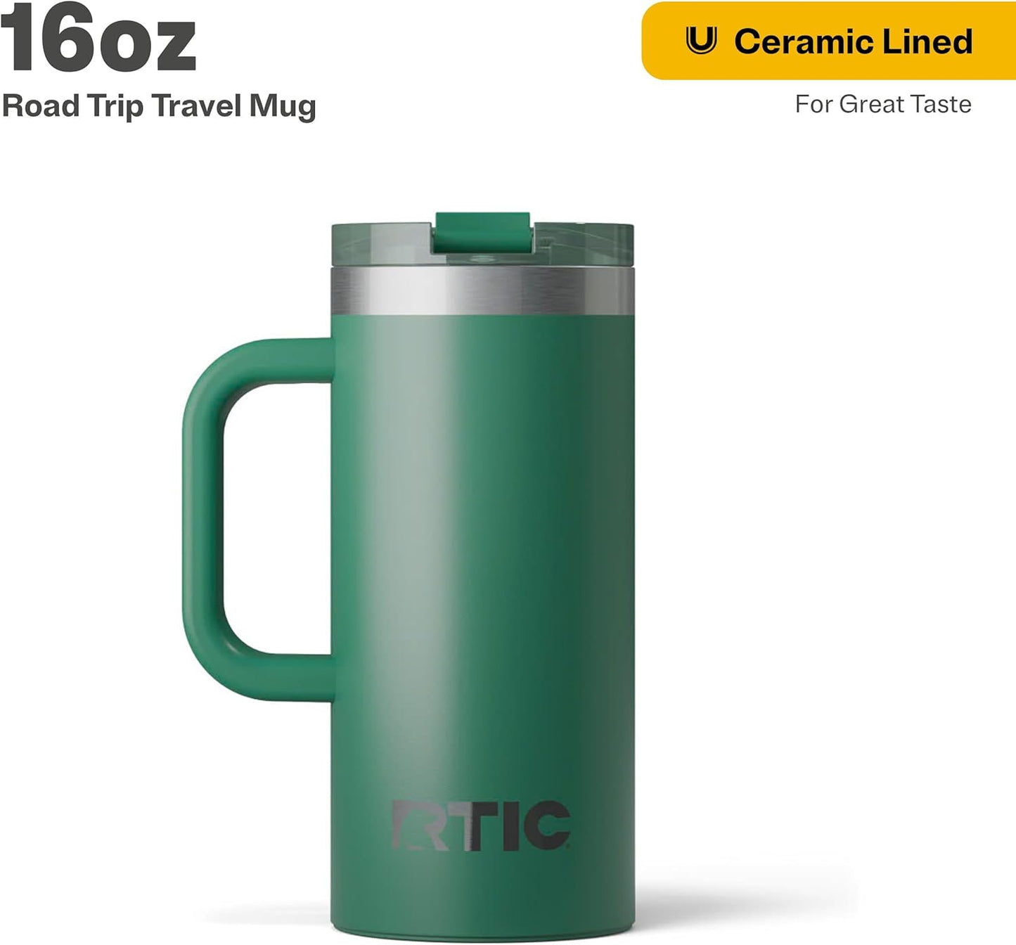 RTIC 20oz Road Trip Travel Mug with Lid and Handle, Ceramic Lined, Insulated, Stainless Steel, Metal, Double Wall Vacuum-Insulation, Portable Coffee, Tea Cup for Hot and Cold Drink, Black