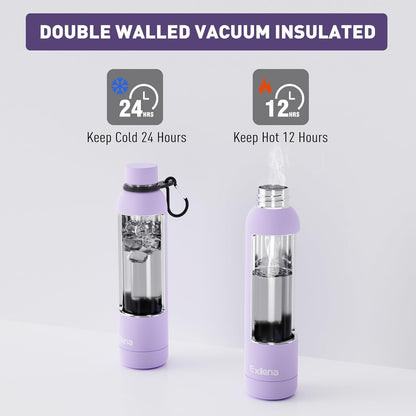Exllena Slim Insulated Water Bottles for Travel 18oz with Clip, Double Wall Vacuum Stainless Steel Water Bottle Keeps Drinks Cold 24 Hrs/Hot 12 Hrs, 100% Leakproof, BPA Free(Black)