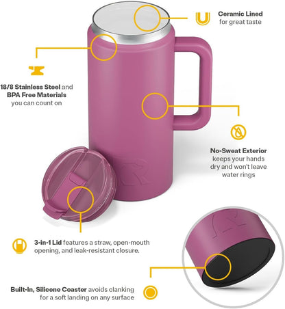 RTIC 64oz Road Trip Tumbler with Handle, Lid and Straw, Ceramic Lined, Insulated, Stainless Steel, Double Wall Vacuum-Insulation, Travel Cup, Cool Grey