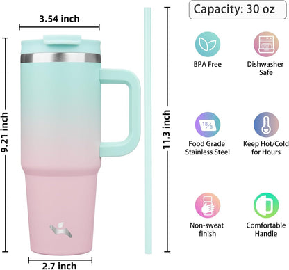 Konokyo 30 oz Tumbler with Handle and 2 Straws,2 in 1 Lid Insulated Water Bottle Stainless Steel Travel Coffee Mug,Sky