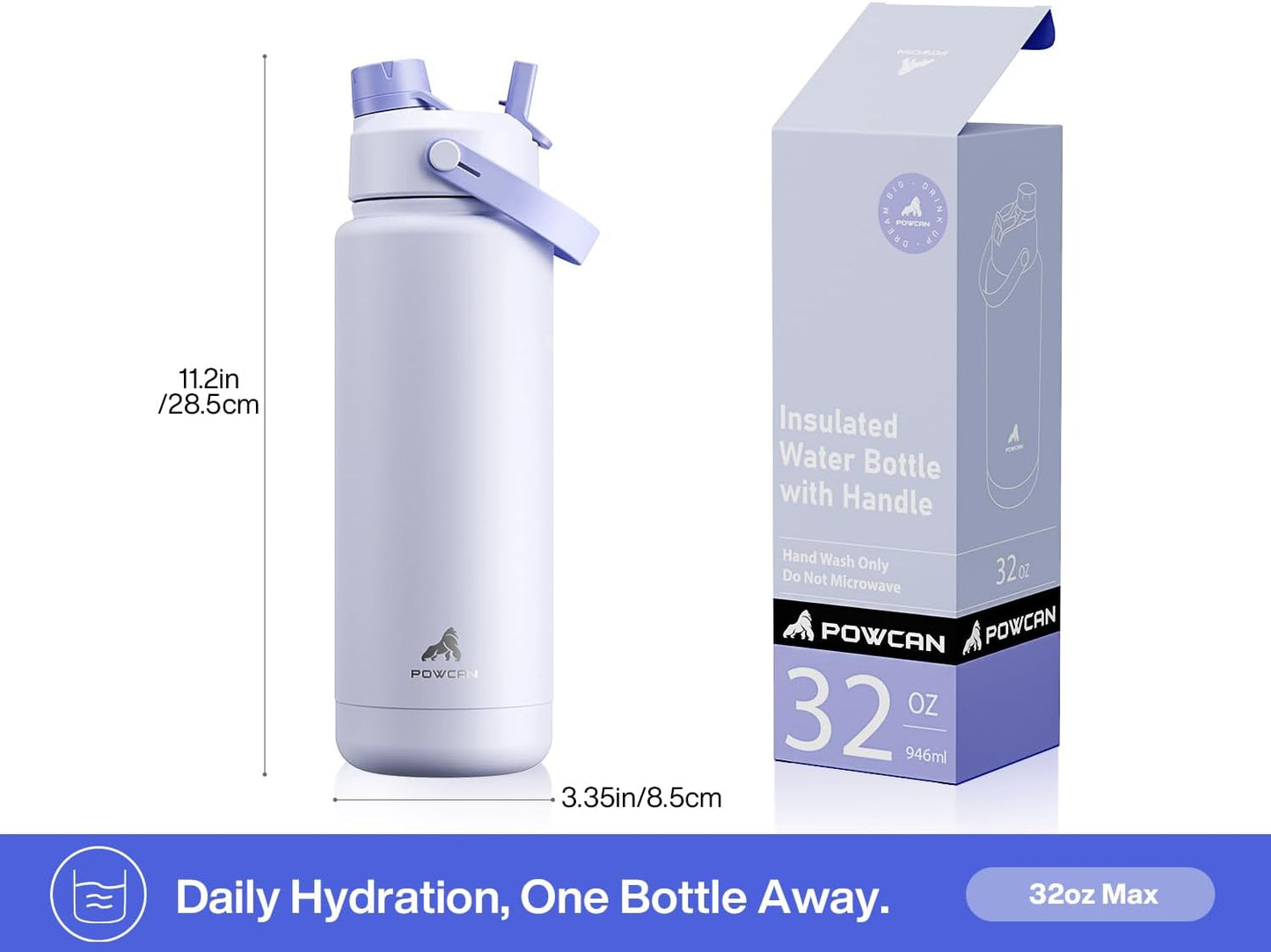 POWCAN 26 oz Insulated Water Bottle with 2-in-1 Straw and Spout Lid, Keep Cold 24H, Leak-Proof, Fits in Car Cup Holder, Stainless Steel Water Bottle for Sports, Travel, and School (Mint)