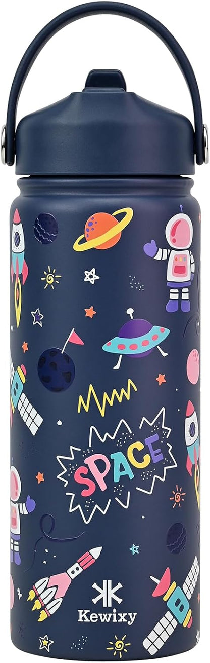 KEWIXY Kids Water Bottle for School, Easy Slide Lid, Leak Proof, Keep Cold 24H, Vacuum Insulated Tumbler, Metal Stainless Steel with Straw and Handle, for Boys&Girls (18OZ, Candy Pink)