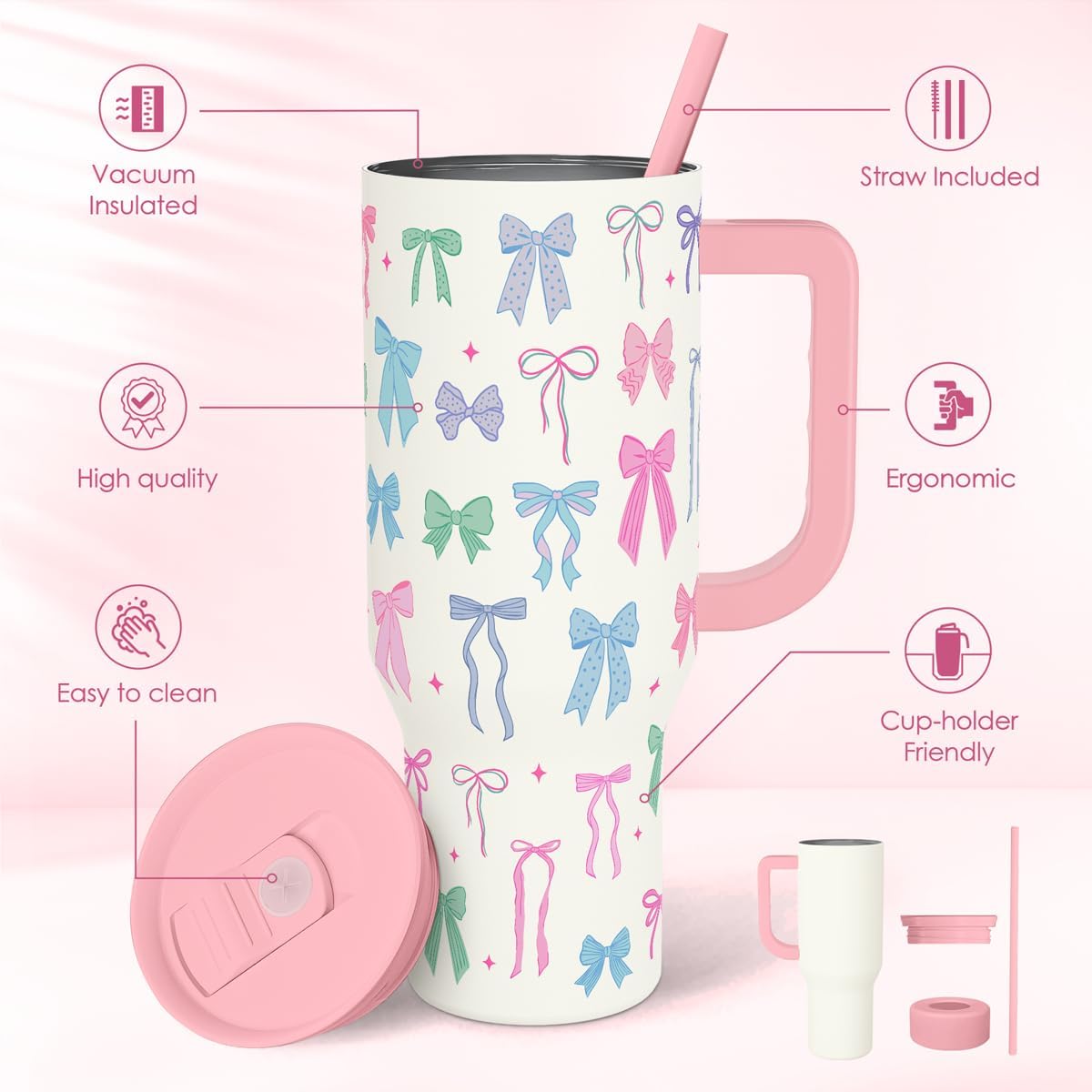 SANDJEST Pickleball 40oz Tumbler With Handle and Straw, Pickleball Queen Insulated Stainless Steel Travel Coffee Mug for Women Girls Players, Gift Idea for Birthday Christmas Mothers Day