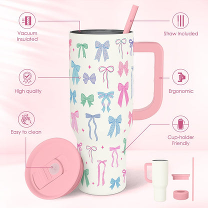 SANDJEST Pickleball 40oz Tumbler With Handle and Straw, Pickleball Queen Insulated Stainless Steel Travel Coffee Mug for Women Girls Players, Gift Idea for Birthday Christmas Mothers Day