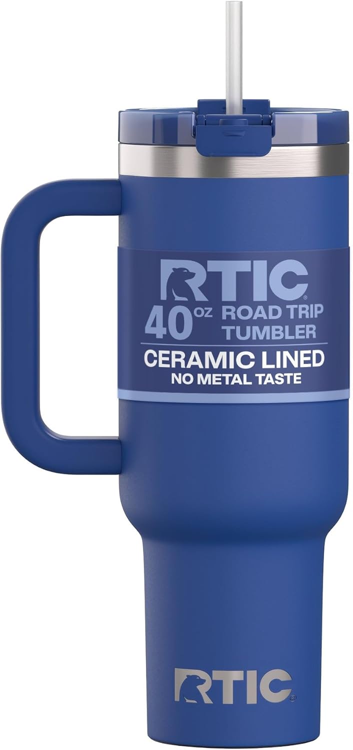 RTIC 30 oz Road Trip Tumbler Double-Walled Ceramic Lined InsulatedStainless Steel Portable Travel Coffee Mug Cup with Lid, Handle and Straw, Periwinkle Bouquet