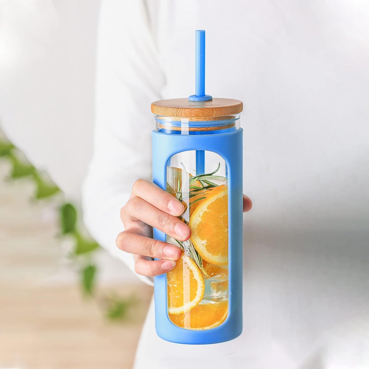 Kodrine 20oz Glass Water Tumbler with Straw and Lid, Bamboo Lids Water Bottle, Iced Coffee Cup Reusable, Wide Mouth Smoothie Cups with Protective Silicone Sleeve BPA FREE-Black - Colors B