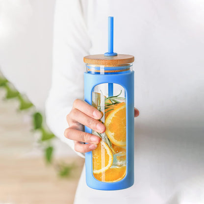 Kodrine 20oz Glass Water Tumbler with Straw and Lid, Bamboo Lids Water Bottle, Iced Coffee Cup Reusable, Wide Mouth Smoothie Cups with Protective Silicone Sleeve BPA FREE-Black - Colors B