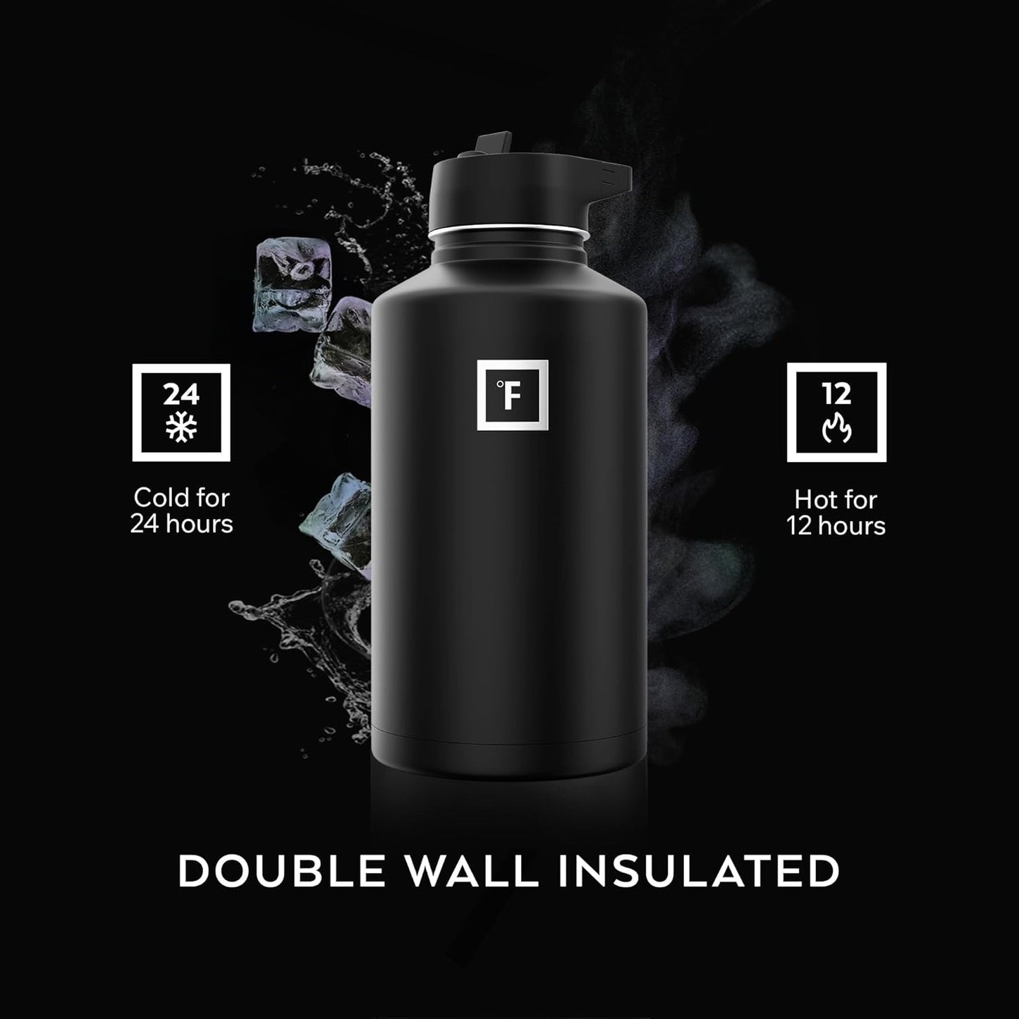 IRON °FLASK Camping & Hiking Hydration Flask with Straw, Wide Mouth Insulated Stainless Steel Sports Water Bottle - 40 oz Midnight Black