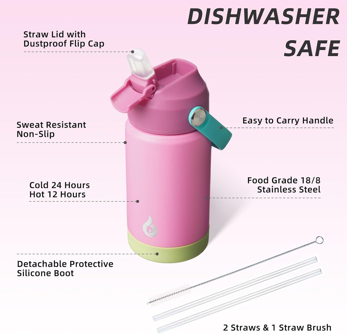 BJPKPK Insulated Water Bottle with Straw Lid, 18oz Thermo Water Bottles with Soft Nozzle, Flex Handle & Non-slip Boot, BPA Free Leak Proof Stainless Steel Metal Thermo, Tumblers, Cups,Sea Salt