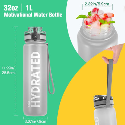 Sahara Sailor Water Bottle 32oz, Durable and Leakproof Water Bottles Motivational with Time Marker, Tritan, BPA Free, Wide Mouth with Easy Clean Brush for Gym, Travel, Home, School, Office (1 Bottle)