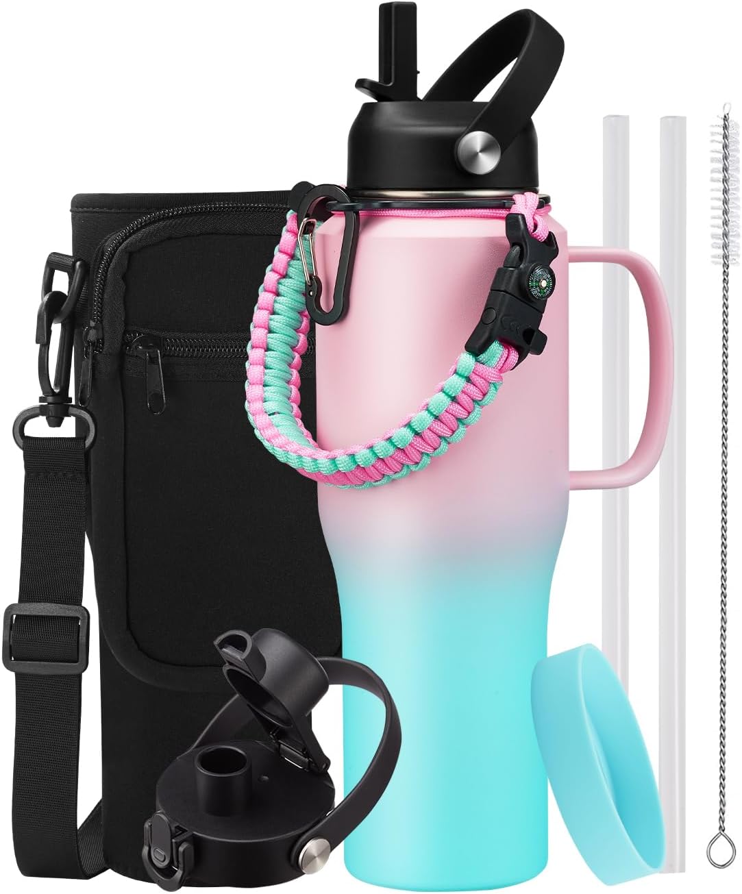 Insulated Water Bottle 40 oz - Fits in any Car Cup Holder, Keep Cold 48H Hot 24H, Stainless Steel Waterbottle Double Wall Flask with Straw, Pop-up Spout Lid, Paracord Handle, Carrier Bag
