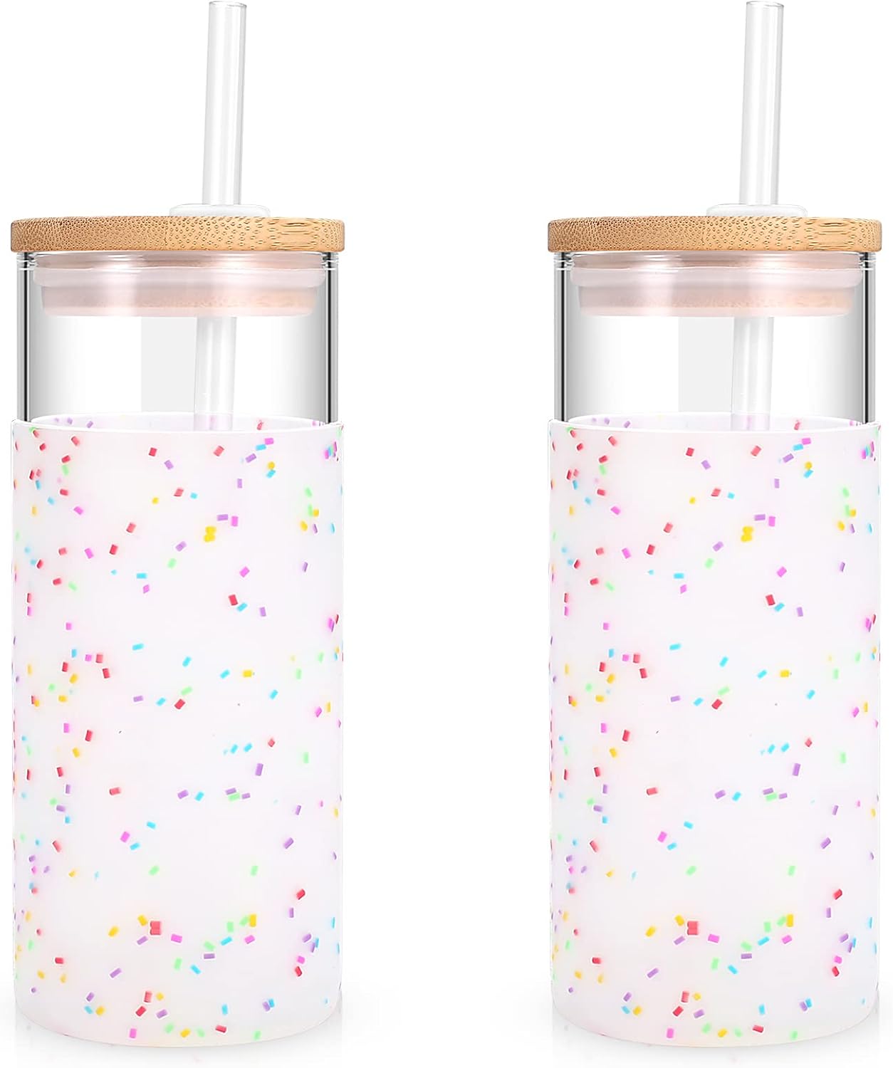 Tronco 20 oz Glass Tumbler with Lid and Straw, Iced Coffee Cup and Smoothie Cup with Bamboo Lids & Protective Silicone Sleeve, Dishwasher Safe, BPA-Free, Glass Cup 1 Pack - Colors A