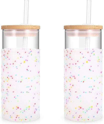 Tronco 20 oz Glass Tumbler with Lid and Straw, Iced Coffee Cup and Smoothie Cup with Bamboo Lids & Protective Silicone Sleeve, Dishwasher Safe, BPA-Free, Glass Cup 1 Pack - Colors A