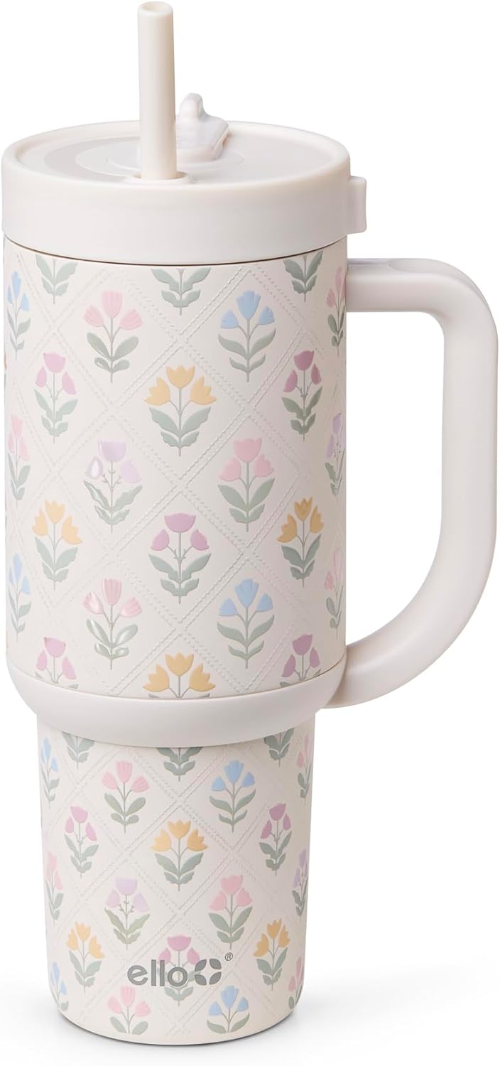 Ello Oasis 40 oz Tumbler with Handle & Retracting Straw | Reusable Insulated Stainless Steel Cup 100% Leakproof, Gifts for Teens Women Men | Keeps cold for 24 Hours, Cup Holder Friendly, Daisies