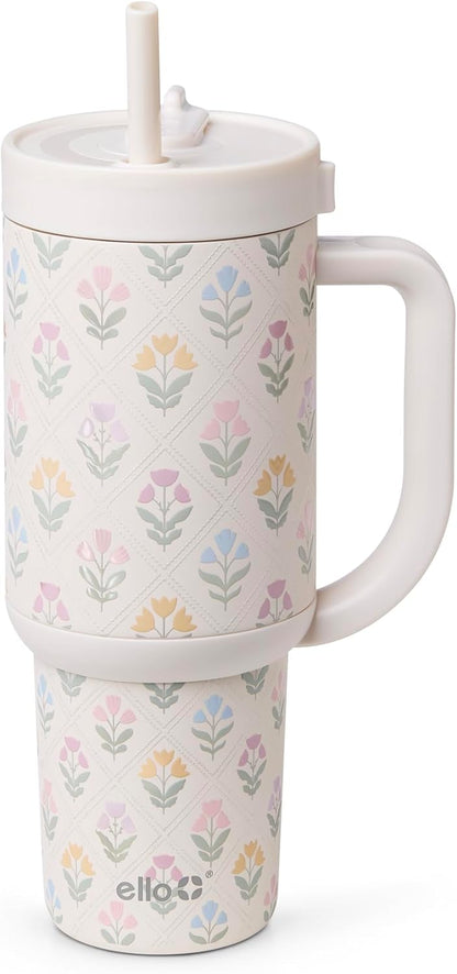Ello Oasis 40 oz Tumbler with Handle & Retracting Straw | Reusable Insulated Stainless Steel Cup 100% Leakproof, Gifts for Teens Women Men | Keeps cold for 24 Hours, Cup Holder Friendly, Daisies