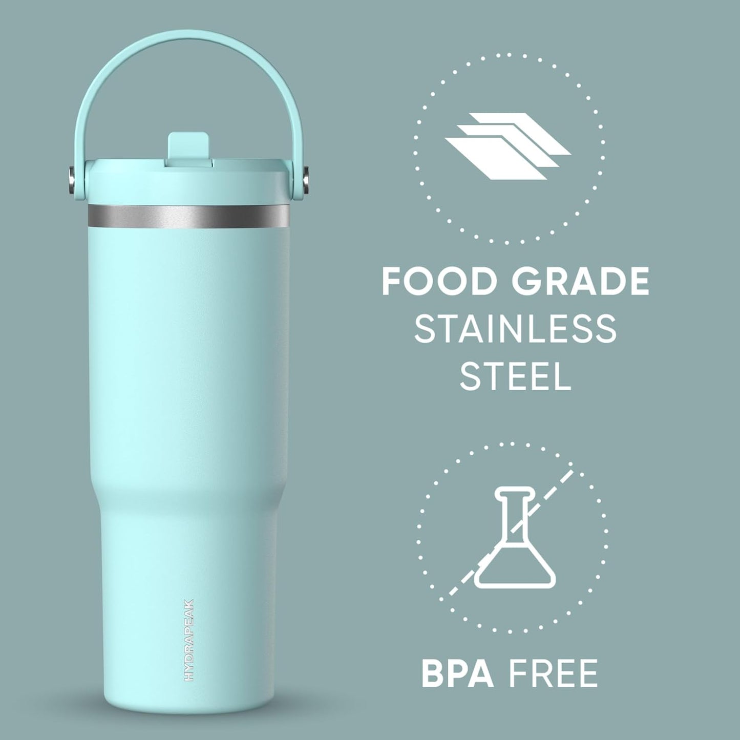Hydrapeak Nomad 32oz Insulated Stainless Steel Travel Tumbler with Handle & Straw Lid, Leakproof, Cupholder Friendly, Keeps Drinks Cold 24 Hours, Reusable Bottle for Daily Hydration (Pale Sage)