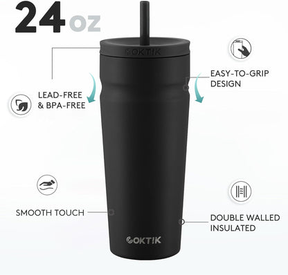 COKTIK 24oz Insulated Tumbler with Lid and Straw Iced Coffee Cup Reusable Stainless Steel Travel Mug Water Bottle Cupholder Friendly for Women Men Her Him (Blush)