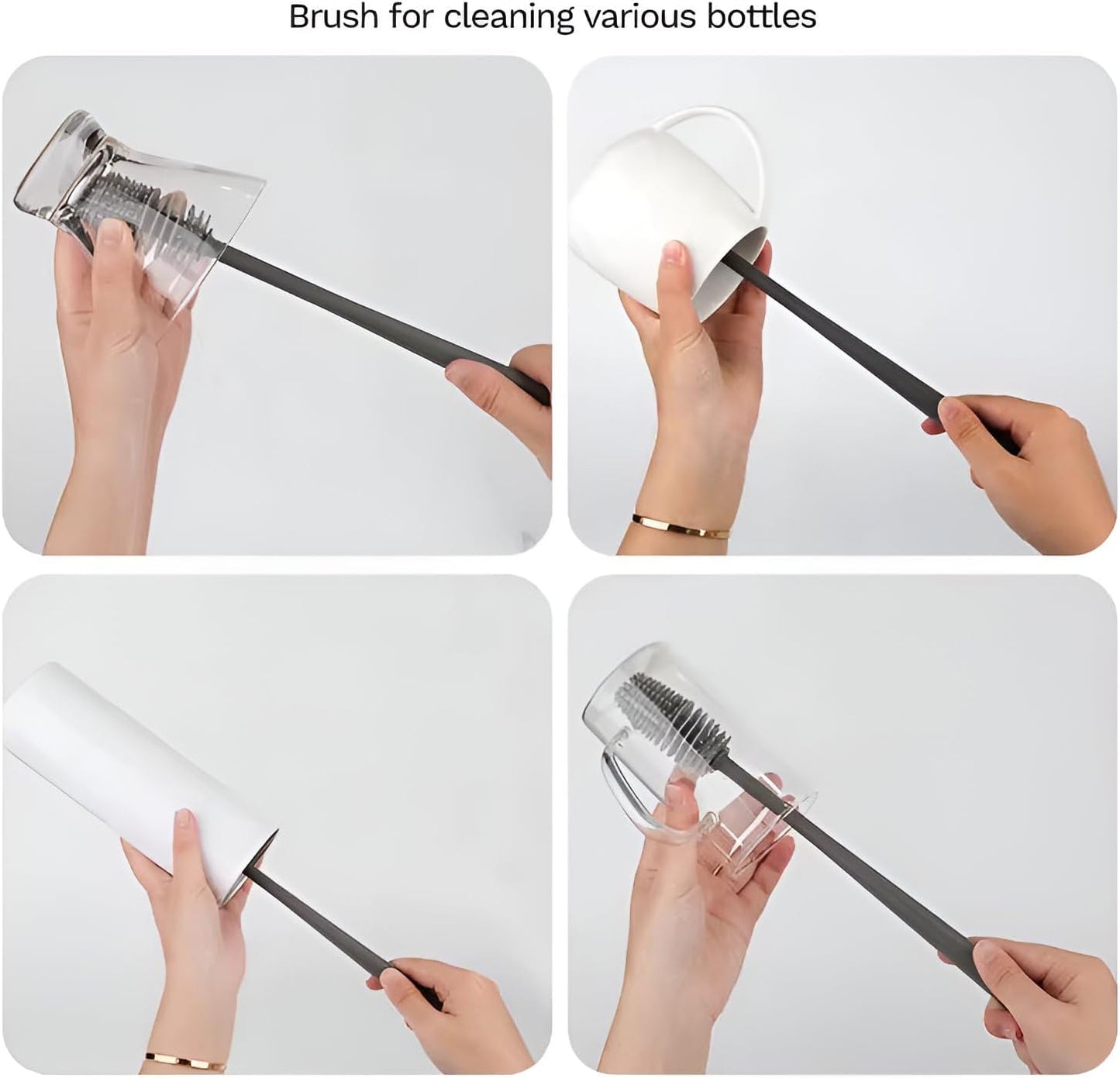 Silicone Bottle Brush & Silicone Straw Cleaner Set – 12.5” Long Handle, Flexible, Odor-Resistant, Dishwasher Safe – for Water Bottles, Baby Bottles, Tumblers & Straws (Grey)
