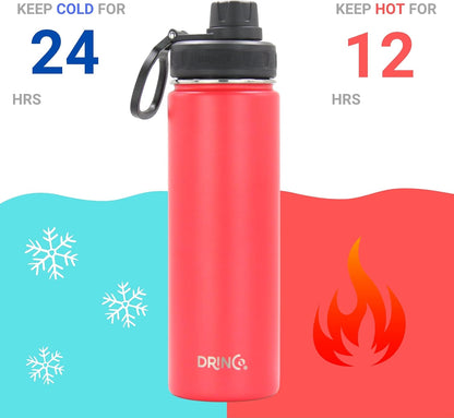 Drinco Stainless Steel Water Bottle Spout Lid Vacuum Insulated Double Wall Water Bottle Wide Mouth (40oz 32oz 22oz 18oz 14oz) Leak Proof Keep Cold Sport Camping Hiking (22 oz, 22oz Black)