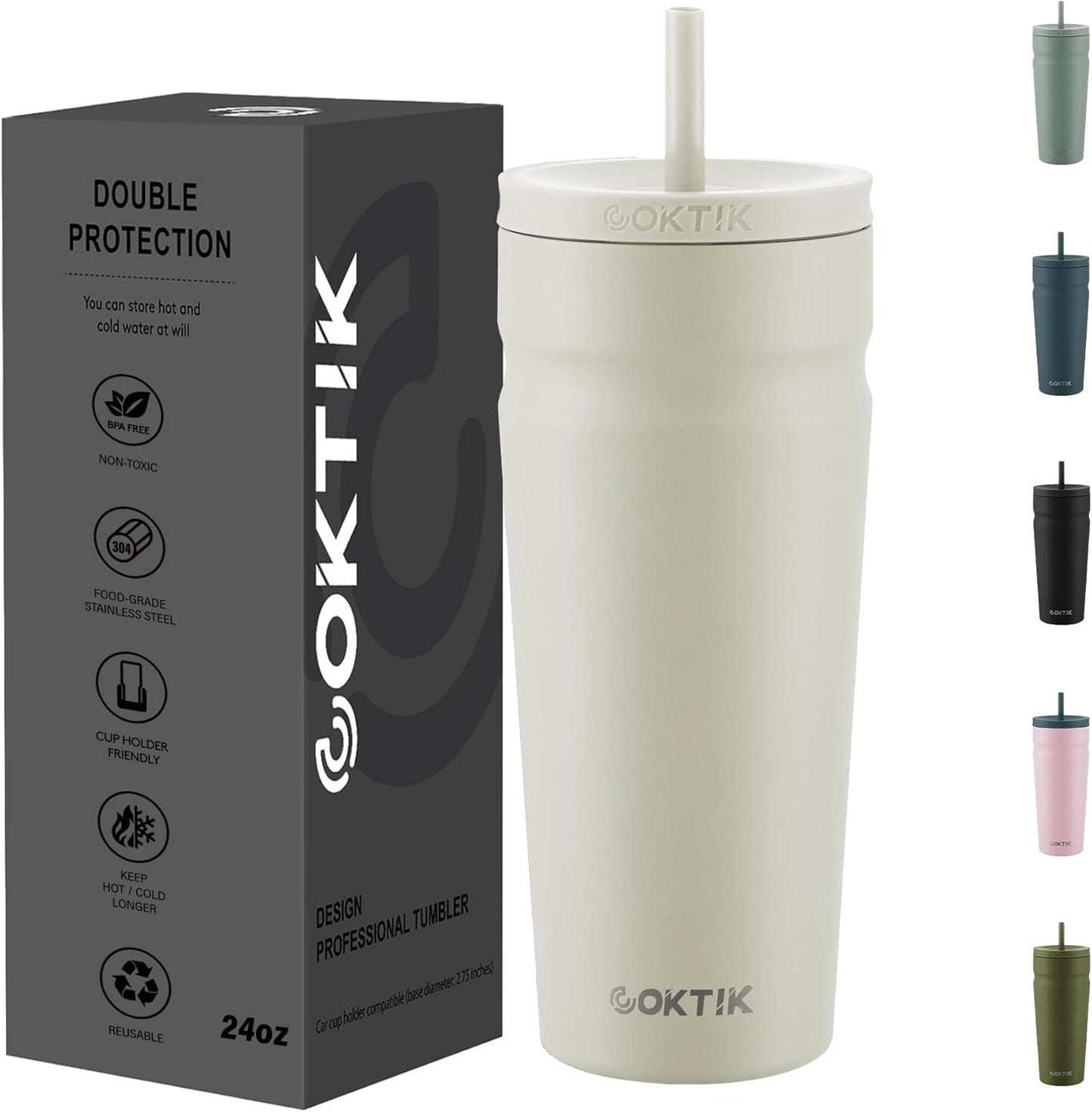COKTIK 24oz Insulated Tumbler with Lid and Straw Iced Coffee Cup Reusable Stainless Steel Travel Mug Water Bottle Cupholder Friendly for Women Men Her Him (Blush)