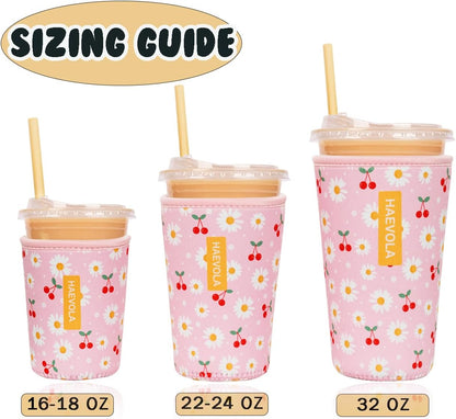 Reusable Insulated Neoprene Iced Coffee Cup Sleeve, Durable Drink Sleeve for Cold Beverages, Beverage Holder for Iced Coffee, Floral Checkers