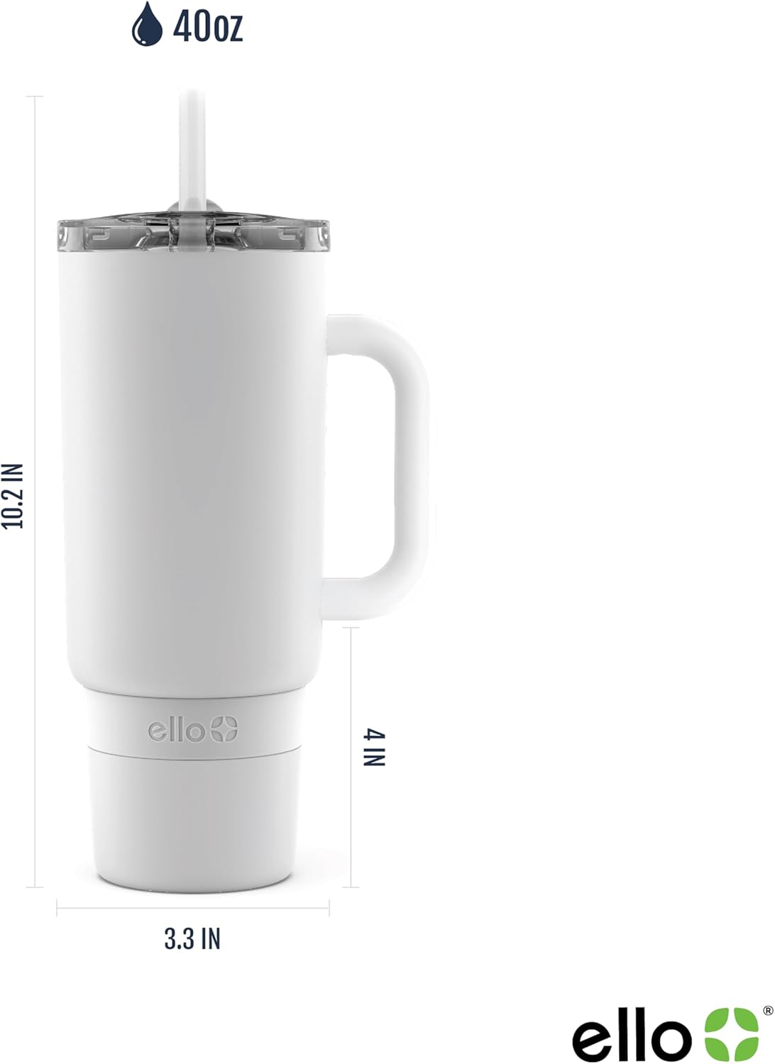 Ello Port 40oz Tumbler with Carry Loop & Integrated Handle, Vacuum Insulated Stainless Steel Reusable Water Bottle, Travel Mug with Leak Proof Lid & Straw, Perfect for Iced Coffee & Tea, White