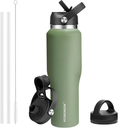 HYDROWION 32oz Stainless Steel Water Bottle(Cold for 48 Hrs, Hot for 24 Hrs),Double Wall Vacuum Insulated Water Bottle with Straw Lid, Spout Lid and Flex Cap, Fit in Any Car Cup Holder,Black