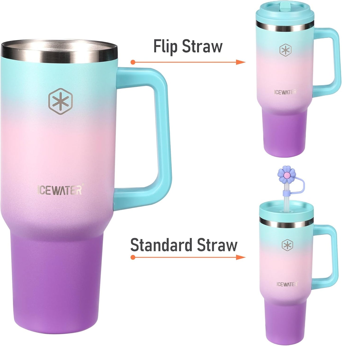 ICEWATER 40 oz Tumbler with 2 Lids (Flip & Standard Straw),100% Leak Proof Insulated Tumbler with Handle, Cup Holder Friendly, Stainless Steel Water Bottle, Gifts for Women & Men (Violet)
