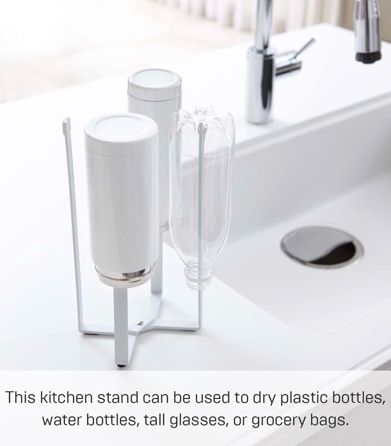 YAMAZAKI Home Tower Kitchen Multi Eco Stand - Multifunctional Plastic Bag Holder Bottle Dryer - Steel
