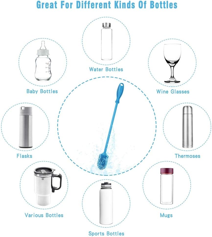 Silicone Bottle Cleaning Brush with Long Handle, 12.5" Water Bottle Cleaner for Baby Bottles, Hydro Flask, Sports Bottle, Vase, Glassware, Perfect for Smaller Diameter Bottle Openings (One Pack)