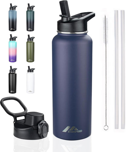 StarSpeed 32oz Insulated Water Bottle with Straw Lid, Stainless Steel Double Walled Vacuum Water Flask, Wide Mouth Sports Water Bottle for Gym Camping Hiking, Indigo Black