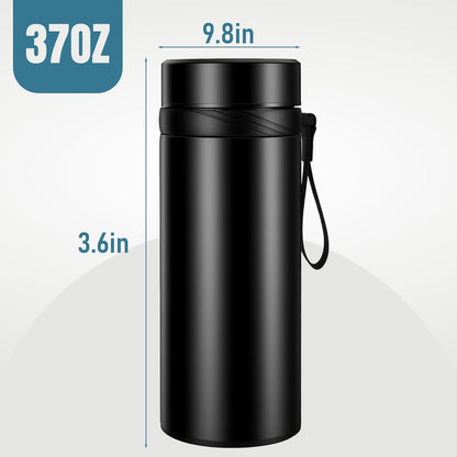 KYZ Insulated Water Bottle with Tea Infuser, 37 oz Wide Mouth Stainless Steel Tumbler, Leak-Proof Travel Water Bottle for Hot & Cold Drinks, Includes Carry Strap for Commuting, Office & Outdoor