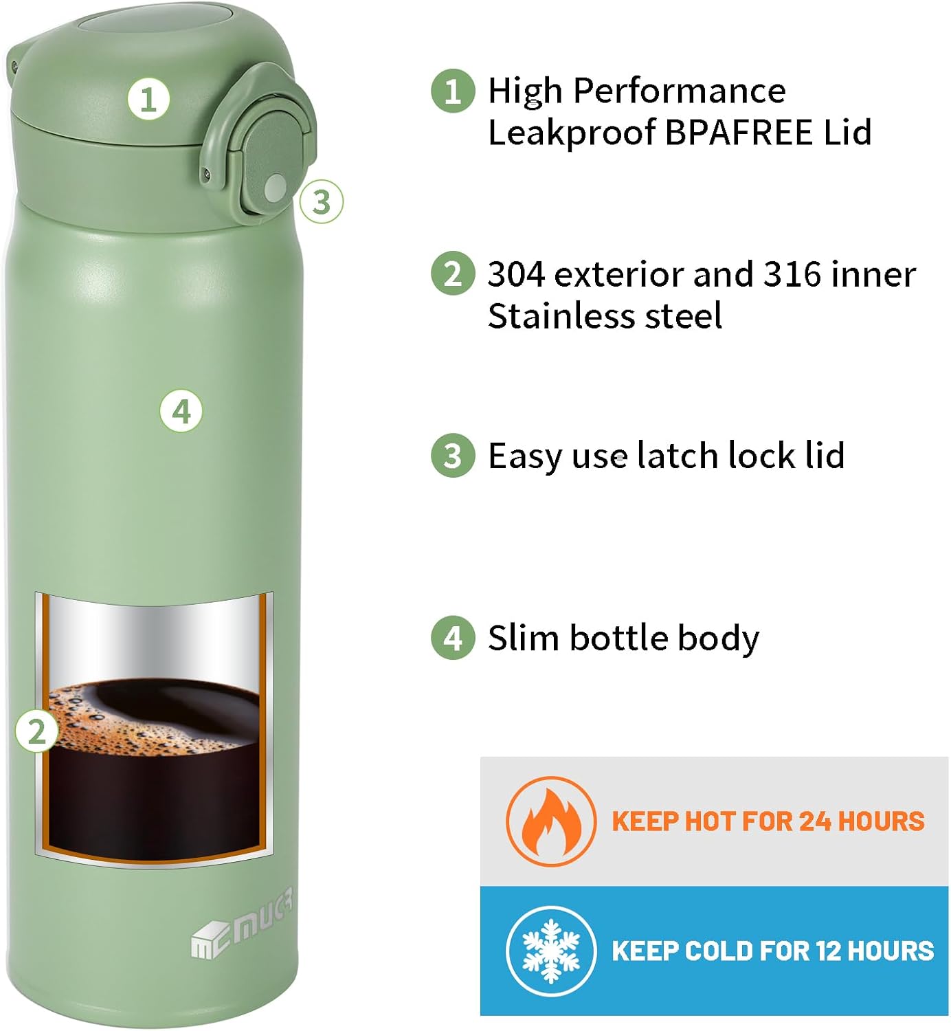 17 oz / 500 ml Insulated Water Bottle, Stainless Steel Thermo Coffee Travel Mug, Thermal Cup with Snap Flip Lid, BPA Free for Hot and Cold Drinking, Black