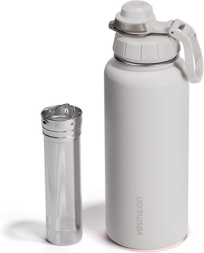 Vesmoon Vessence 24 Oz Stainless Steel Tea Infuser Bottle for Loose Leaf Tea, Water, Herbs, Fruits - Triple Layered Insulated, Leak Proof Bottle with Lid and Clip Handle - 24 Hours Hot/Cold