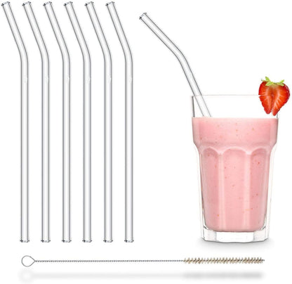 Halm Glass Straws - 6 Long 12 inch Bent Stanley Cup Replacement Drinking Straws + Plastic-Free Cleaning Brush - Perfect for Bottles & Quencher - Made in Germany - Dishwasher Safe - Eco-Friendly