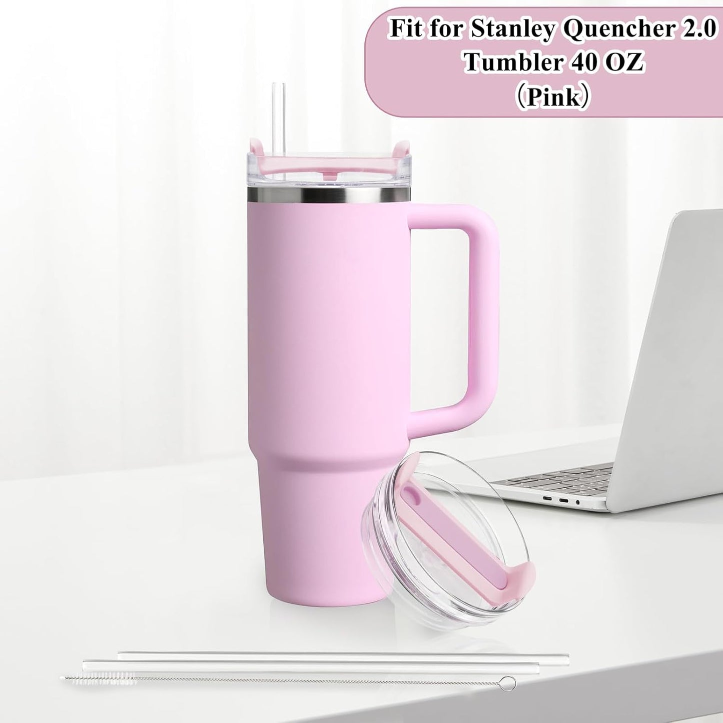 40oz Tumbler Lid Compatible for Stanley, 2 Pack Replacement Tumbler Lids Fit for Stanley Quencher 2.0 Tumbler 40 OZ, with Straws and Cleaning Brush (Orchid)