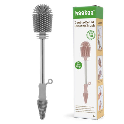 Haakaa Silicone Cleaning Brush for Baby Bottles and Crevices, Double-Ended Bottle Brush for Breast Pumps, Milk Collectors, Nipples and Breastmilk Storage Bags, Food-Grade Silicone, Pea Green, 1 Pack