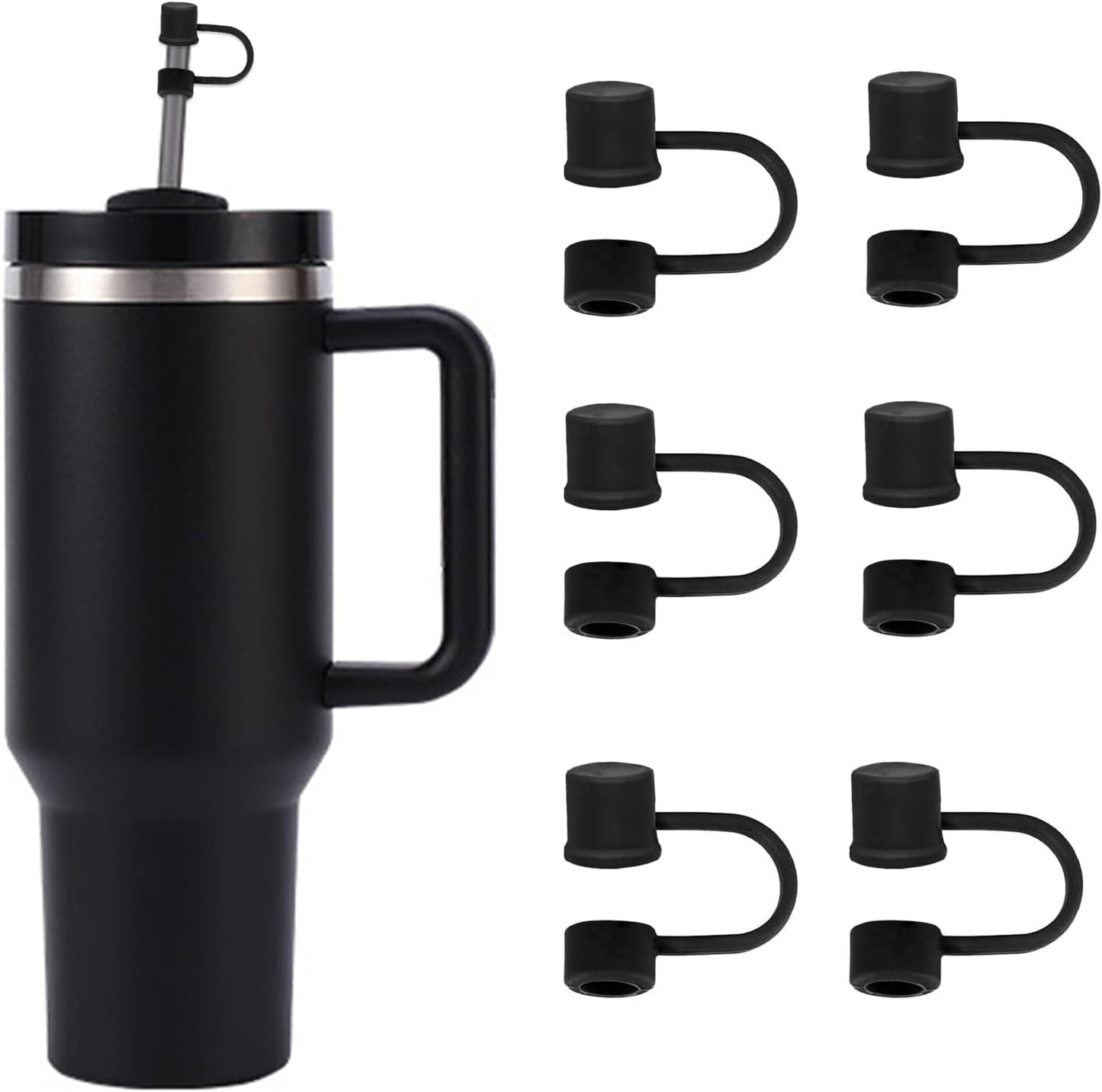 6PCS Silicone Straw Covers Cap Compatible with Stanley Cup 30-40 oz Tumbler with Handle 10mm Straw Toppers，Dust-Proof Reusable Straw Cover for Stanley Cup Accessories (Black)